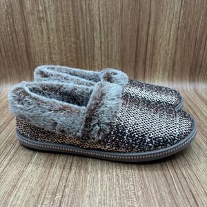 Skechers Cozy Campfire Slippers Metallic Rose Gold Women 7.5 Sequin Faux Fur NEW